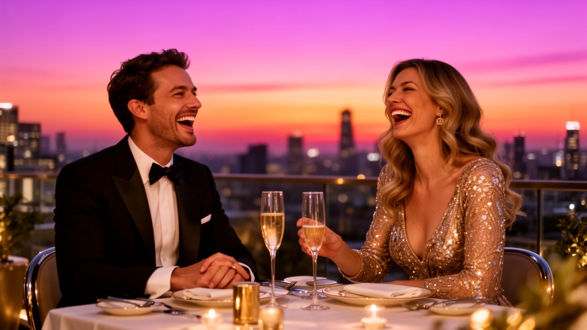 Luxury rooftop date at sunset